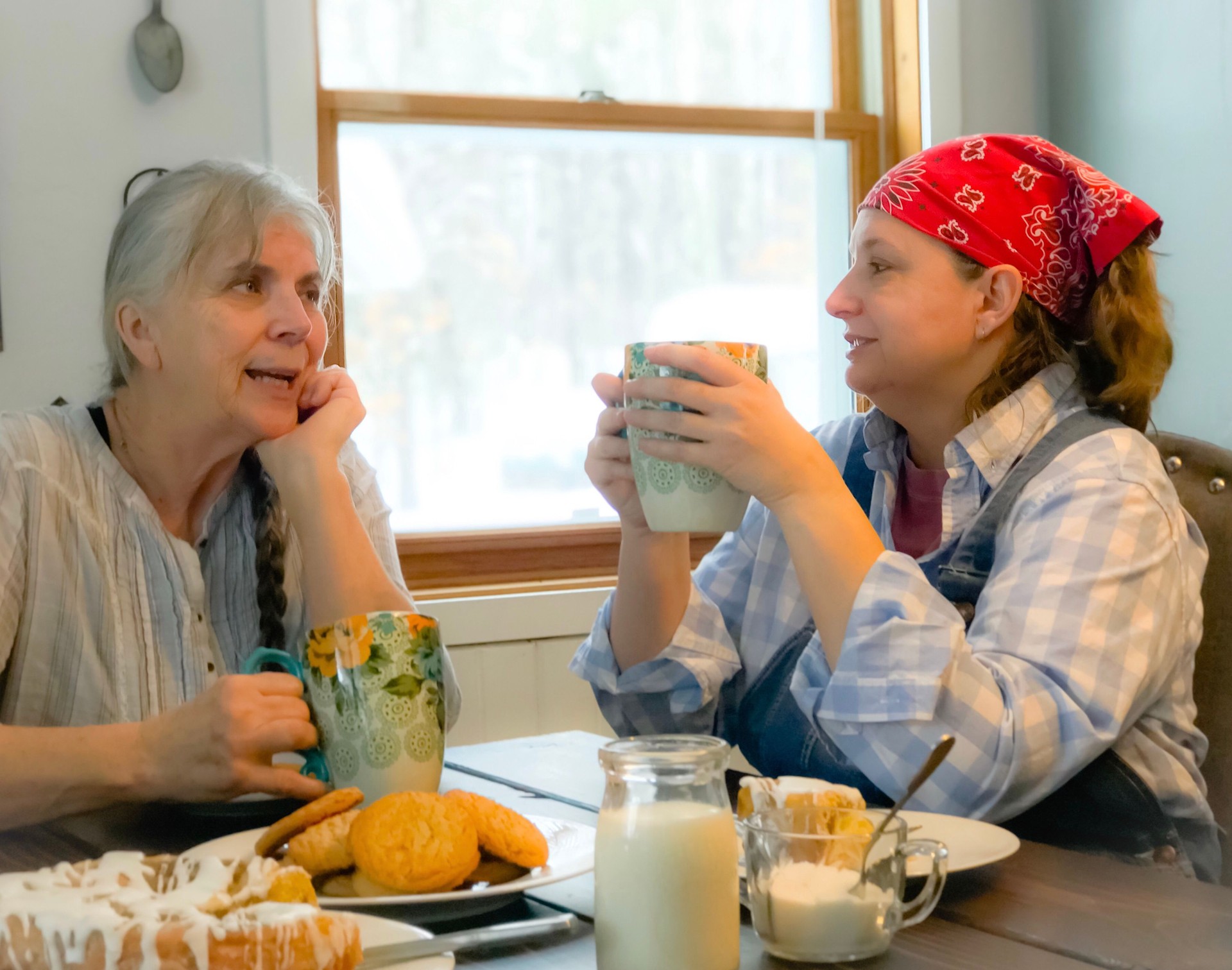 Two Neighbors, on a hobby farm in Northern Wisconsin , meeting for coffee, sweets, and friendship
